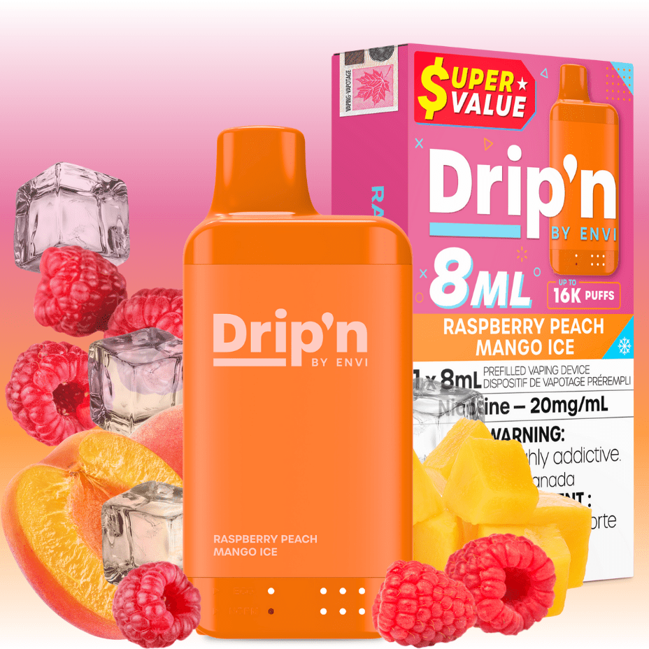 Drip'n by Envi 16K Disposable Vape - Raspberry Peach Mango Ice 8mL / 16000 Puffs / 20mg Morden Vape SuperStore and Cannabis Manitoba Canada