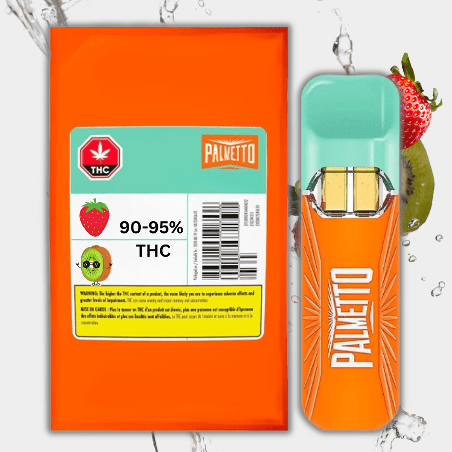 Palmetto Strawberry & Kiwi 3-in-1 Dual Chamber THC Disposable - 1g 2x0.5g = 1g Morden Vape SuperStore and Cannabis Manitoba Canada