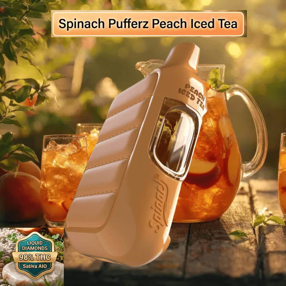 Buy Spinach Pufferz Peach Iced Tea Liquid Diamond Sativa Disposable Vape in Morden, Manitoba