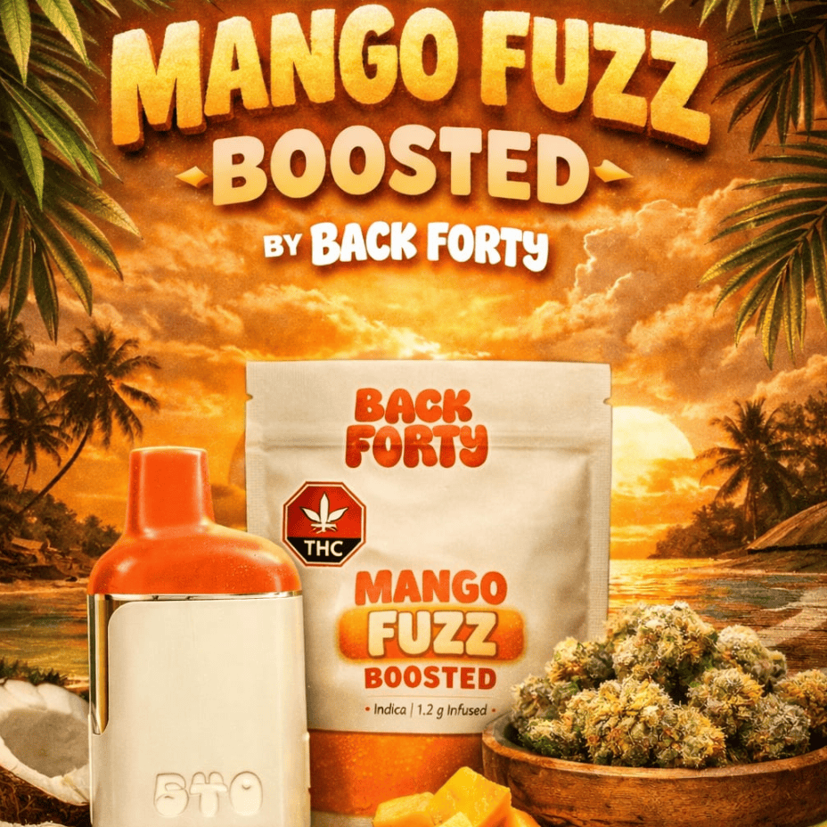 back forty disposable vape Back Forty Boosted Mango Fuzz Indica AIO Disposable-1.2g in Manitoba