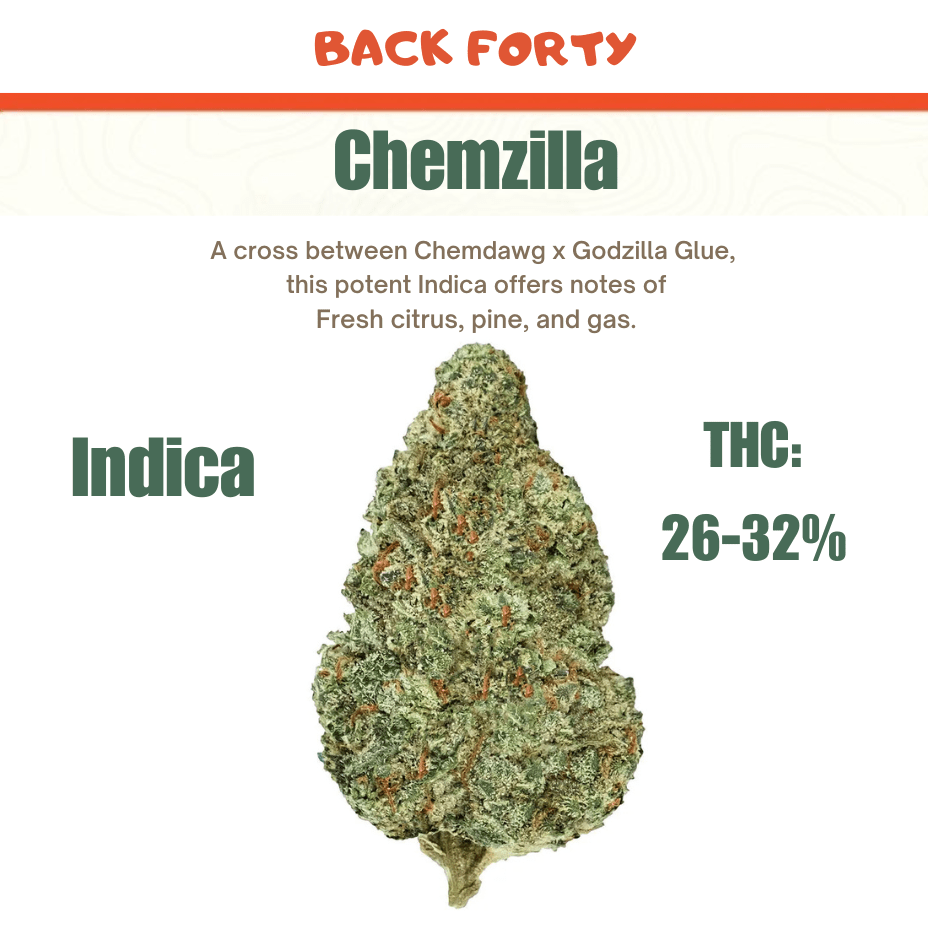 Back Forty Chemzilla Indica Flower - 28g 28g Morden Vape SuperStore and Cannabis Manitoba Canada