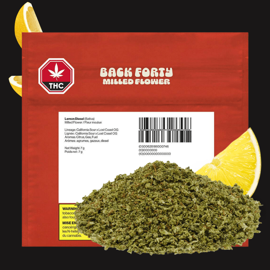 Back Forty Lemon Diesel Milled Flower - 7g Morden Vape SuperStore and Cannabis Manitoba Canada