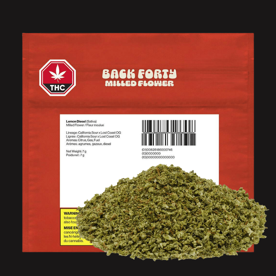 Back Forty Lemon Diesel Milled Flower - 7g Morden Vape SuperStore and Cannabis Manitoba Canada