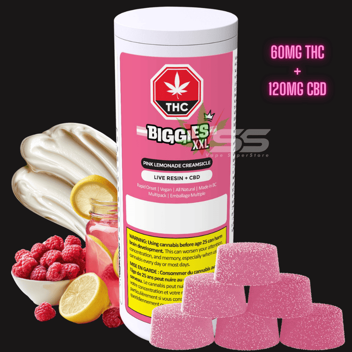Biggies XXL Pink Lemonade Creamsicle Live Resin 1:2 Gummies - 6x10mg Morden Vape SuperStore and Cannabis Manitoba Canada