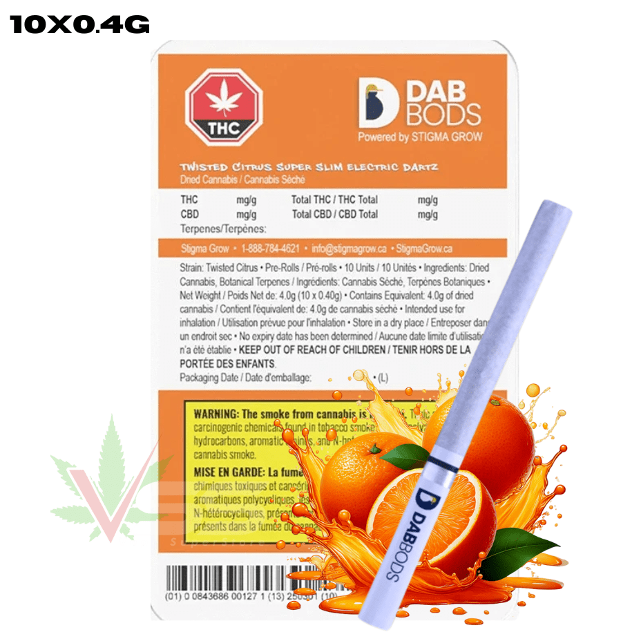 Dab Bods Twisted Citrus Super Slim Electric Dartz - 10x0.4g Morden Vape SuperStore and Cannabis Manitoba Canada
