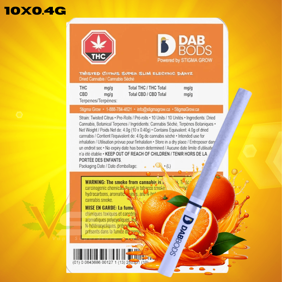 Dab Bods Twisted Citrus Super Slim Electric Dartz - 10x0.4g Morden Vape SuperStore and Cannabis Manitoba Canada