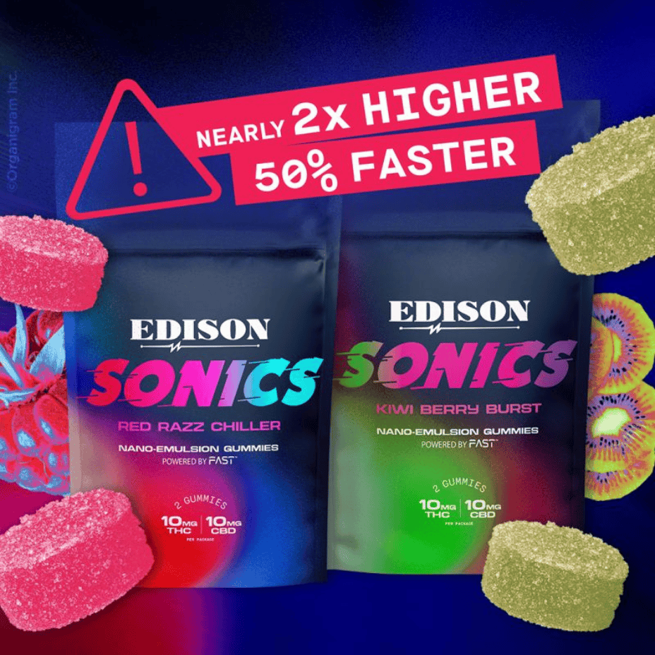 Edison Sonics - Kiwi Berry Burst 1:1 THC+CBD Gummies - 50mg Morden Vape SuperStore and Cannabis Manitoba Canada