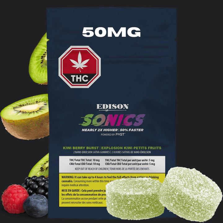 Edison Sonics - Kiwi Berry Burst 1:1 THC+CBD Gummies - 50mg Morden Vape SuperStore and Cannabis Manitoba Canada