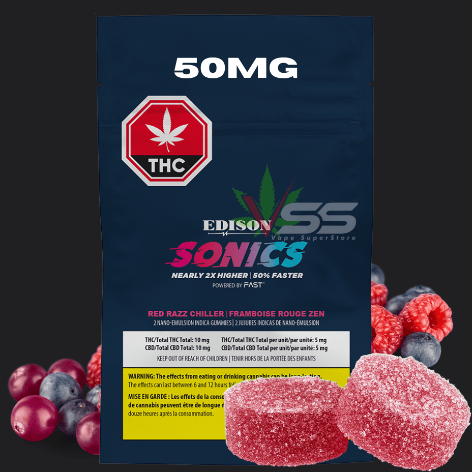 Edison Sonics - Red Razz Chiller 1:1 THC+CBD Gummies - 50mg Morden Vape SuperStore and Cannabis Manitoba Canada