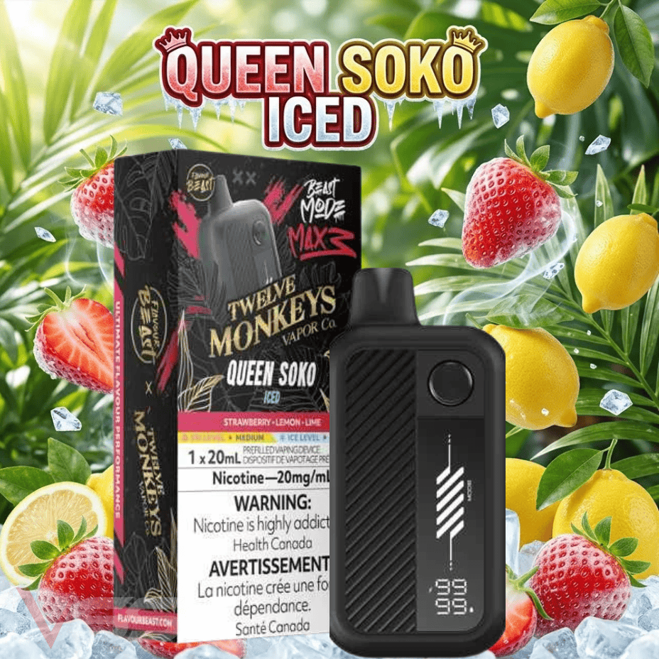 Flavour Beast Mode Max 3 60K Disposable Vape - 12 Monkeys Queen Soko Iced 60000 Puffs / 20mg Morden Vape SuperStore and Cannabis Manitoba Canada