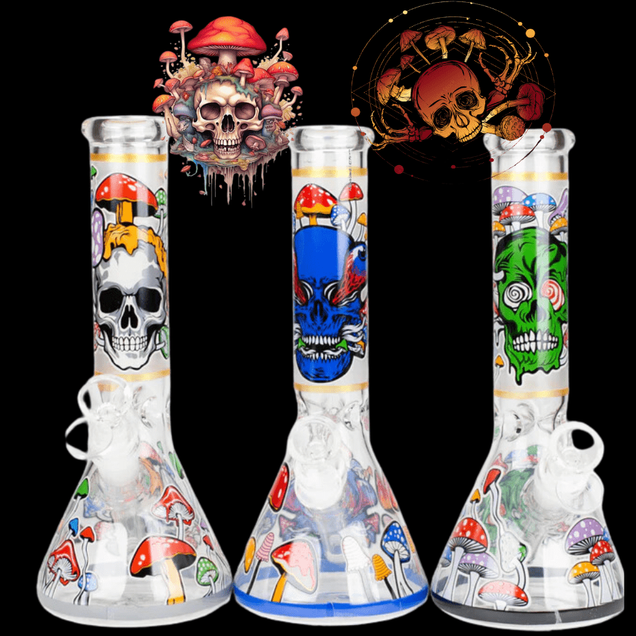 Glow in the Dark Mushroom Skull Beaker-10" Morden Vape SuperStore and Cannabis Manitoba Canada