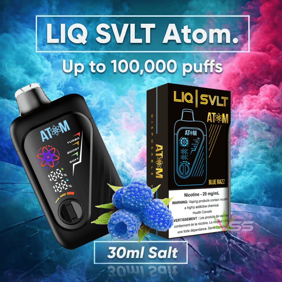 LIQ SVLT Atom 100K Disposable Vape-Blue Razz 100000 Puffs / 20mg Morden Vape SuperStore and Cannabis Manitoba Canada
