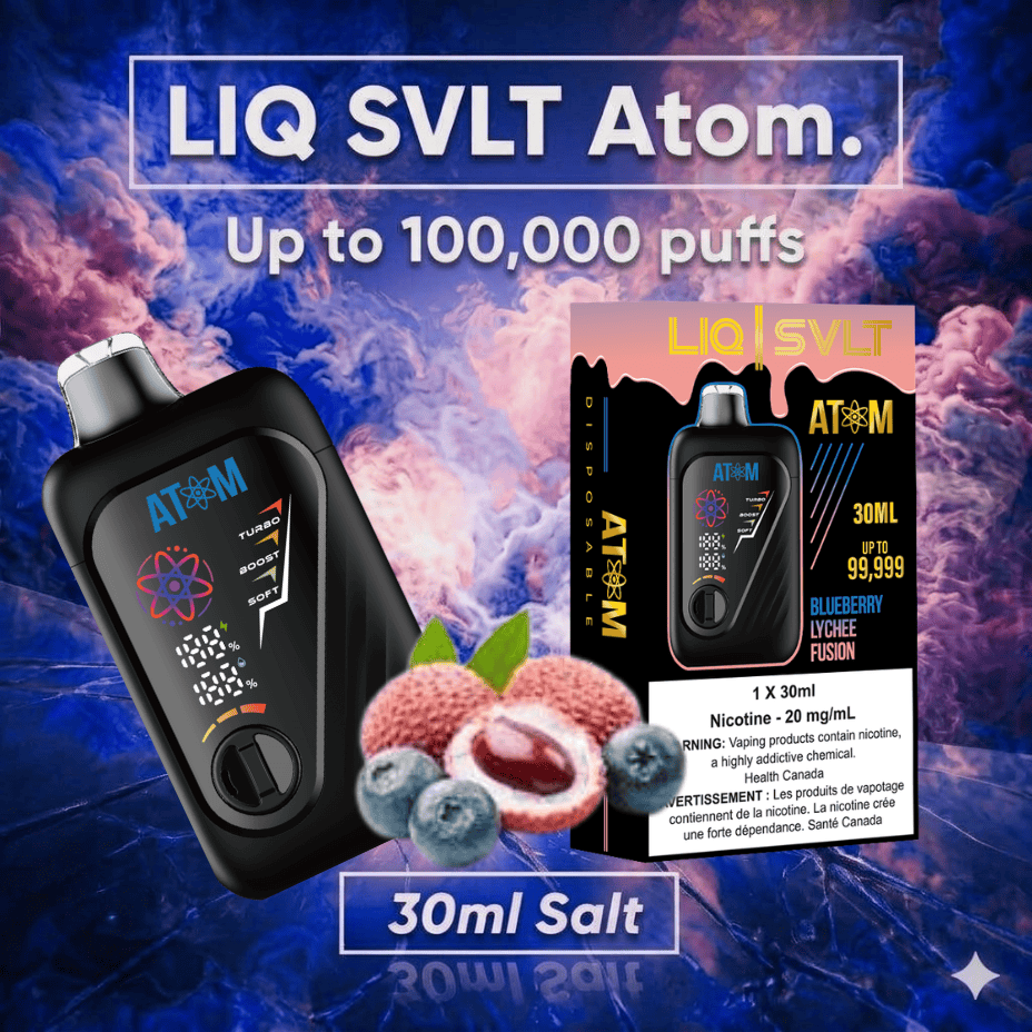 LIQ SVLT Atom 100K Disposable Vape-Blueberry Lychee Fusion 100000 Puffs / 20mg Morden Vape SuperStore and Cannabis Manitoba Canada