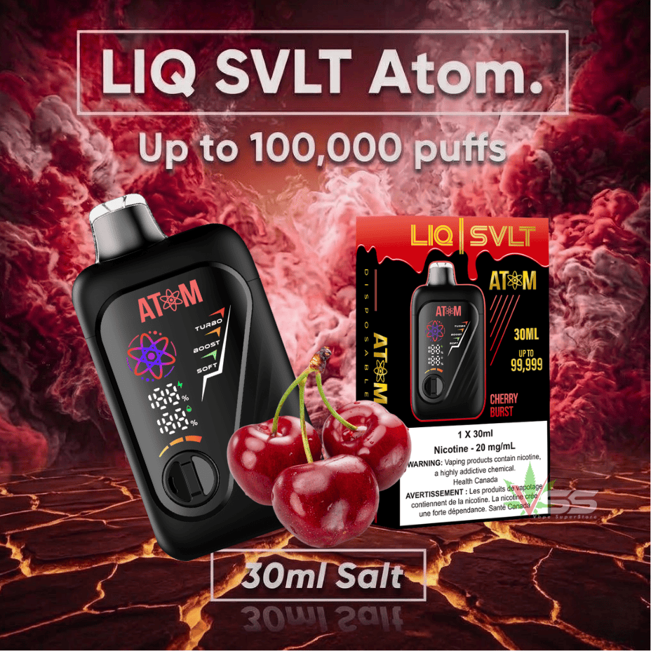 LIQ SVLT Atom 100K Disposable Vape-Cherry Burst 100000 Puffs / 20mg Morden Vape SuperStore and Cannabis Manitoba Canada