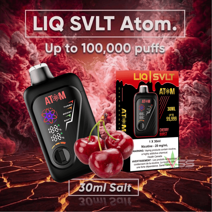 LIQ SVLT Atom 100K Disposable Vape-Cherry Burst 100000 Puffs / 20mg Morden Vape SuperStore and Cannabis Manitoba Canada