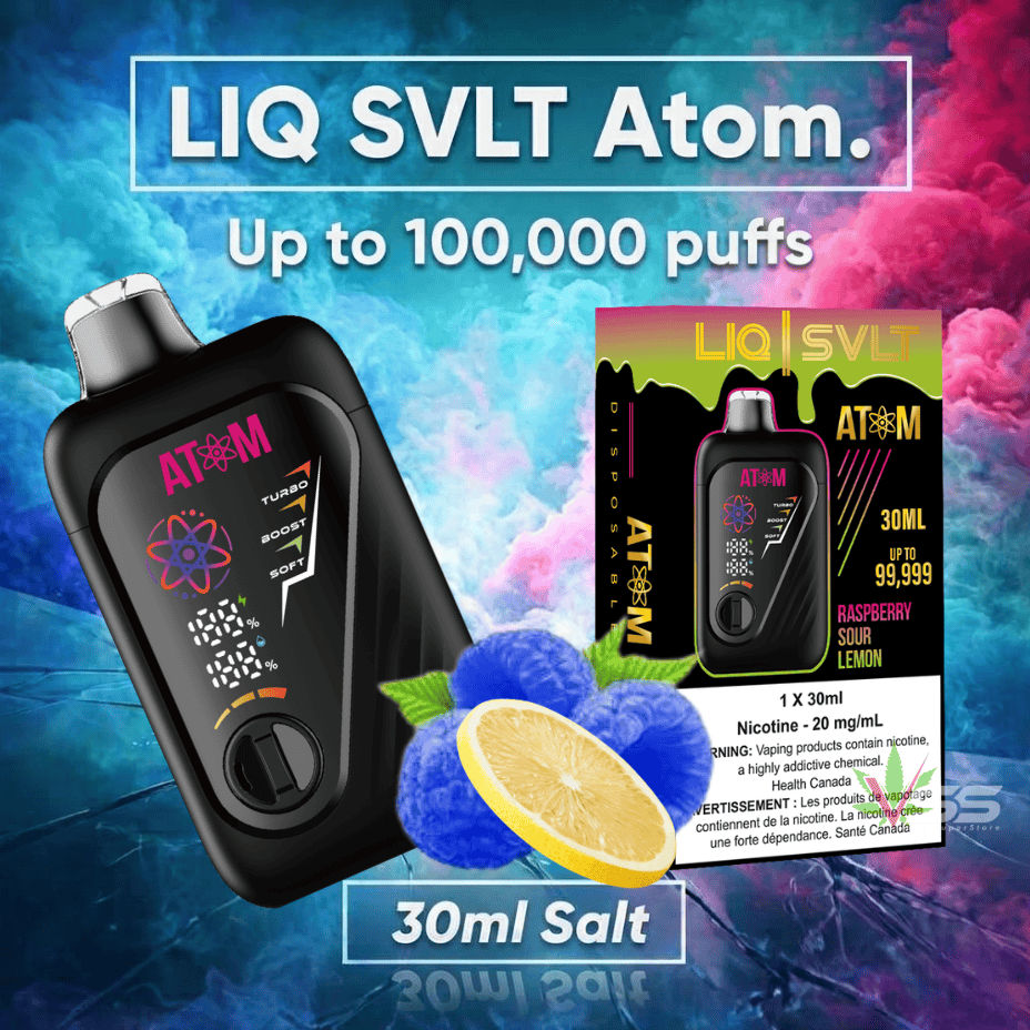 LIQ SVLT Atom 100K Disposable Vape-Raspberry Sour Lemon 100000 Puffs / 20mg Morden Vape SuperStore and Cannabis Manitoba Canada
