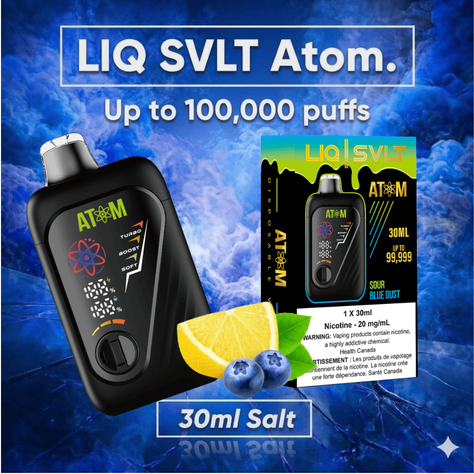LIQ SVLT Atom 100K Disposable Vape-Sour Blue Dust 100000 Puffs / 20mg Morden Vape SuperStore and Cannabis Manitoba Canada