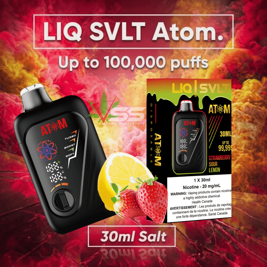 LIQ SVLT Atom 100K Disposable Vape-Strawberry Sour Lemon 100000 Puffs / 20mg Morden Vape SuperStore and Cannabis Manitoba Canada