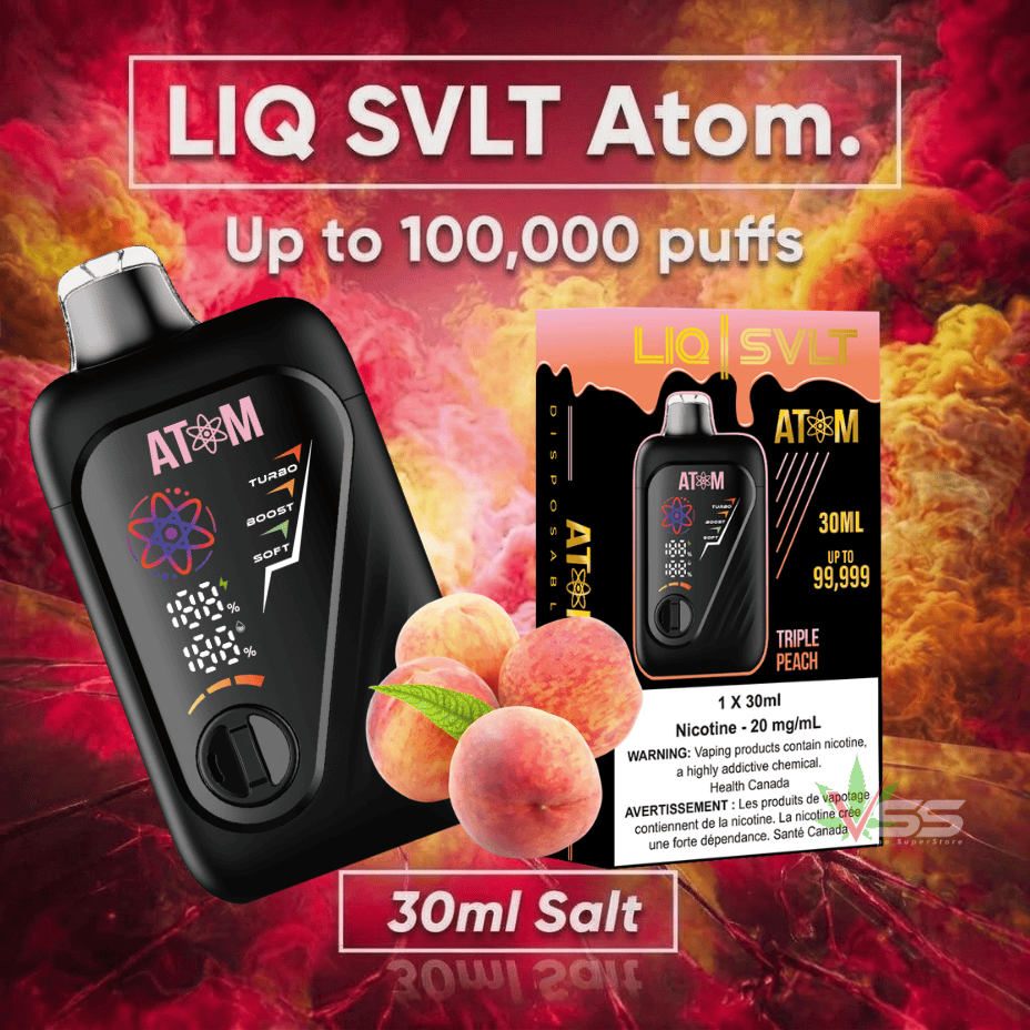 LIQ SVLT Atom 100K Disposable Vape-Triple Peach 100000 Puffs / 20mg Morden Vape SuperStore and Cannabis Manitoba Canada