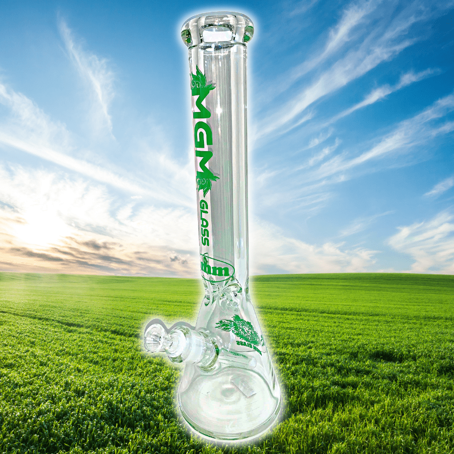 MGM Glass 9mm Classic Clear Logo Beaker-16" Green Morden Vape SuperStore and Cannabis Manitoba Canada