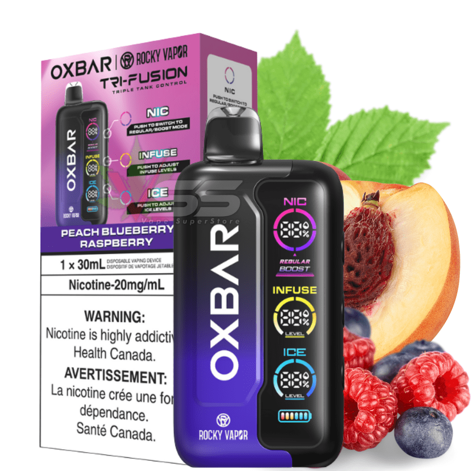 Oxbar Tri-Fusion 45k Disposable Vape-Peach Blueberry Raspberry 45000 Puffs / 20mg Morden Vape SuperStore and Cannabis Manitoba Canada