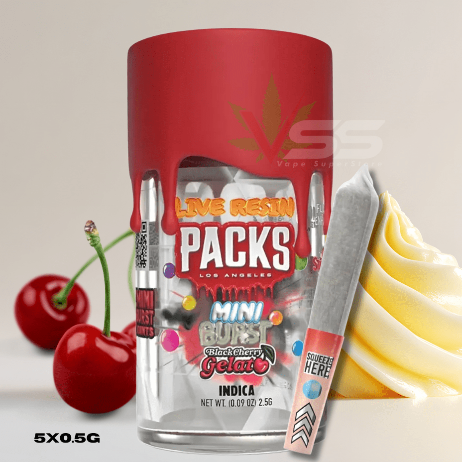 PACKS Mini Burst Black Cherry Gelato Infused Pre-rolls 5x0.5g Morden Vape SuperStore and Cannabis Manitoba Canada