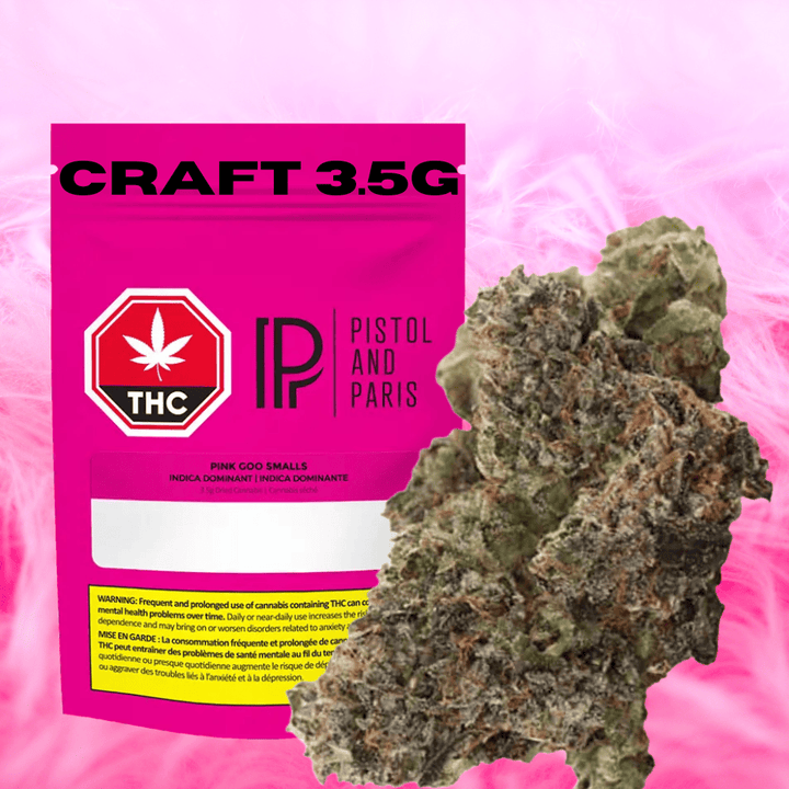 Pistol and Paris Pink Goo Indica CRAFT Flower-3.5g Morden Vape SuperStore and Cannabis Manitoba Canada