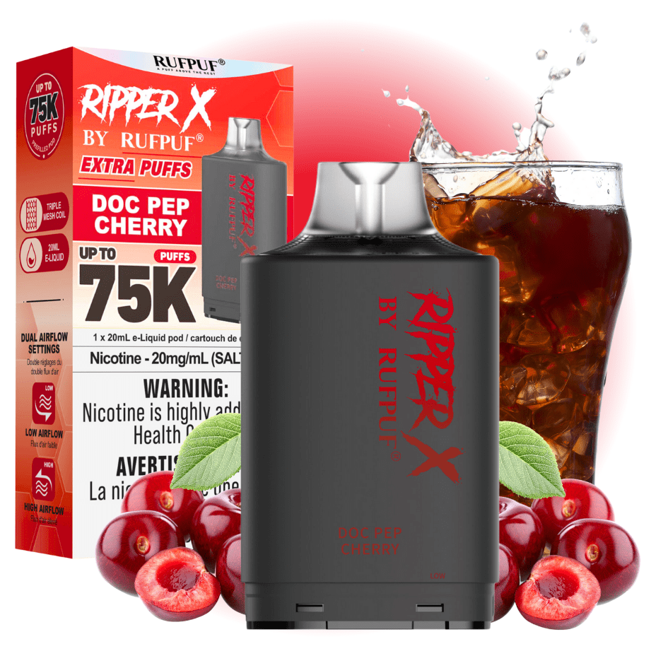 RufPuf Ripper X 75k Pod - Doc Pep Cherry 75000 Puffs / 20mg Morden Vape SuperStore and Cannabis Manitoba Canada