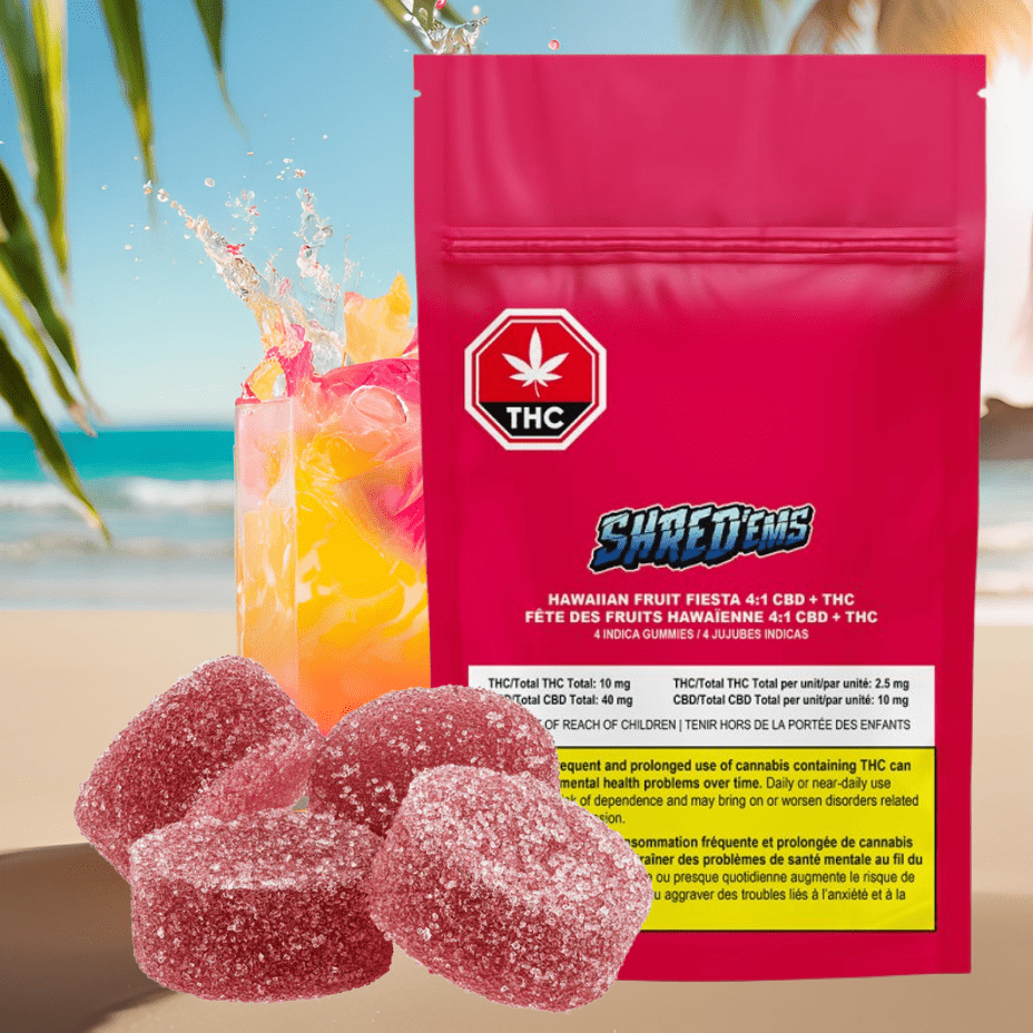 Shred'ems Hawaiian Fruit Fiesta 4:1 CBD/THC Gummies-4x2.5mg 4x2.5mg Morden Vape SuperStore and Cannabis Manitoba Canada