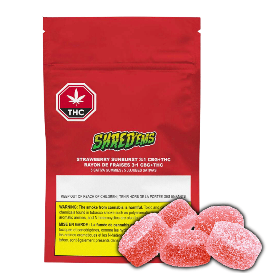Shred'ems Strawberry Sunburst 3:1 CBG+THC Gummies 5x2.5mg Morden Vape SuperStore and Cannabis Manitoba Canada