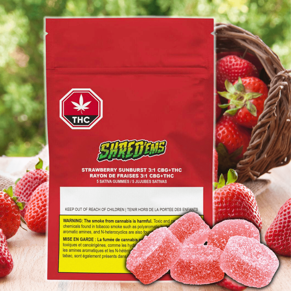 Shred'ems Strawberry Sunburst 3:1 CBG+THC Gummies 5x2.5mg Morden Vape SuperStore and Cannabis Manitoba Canada