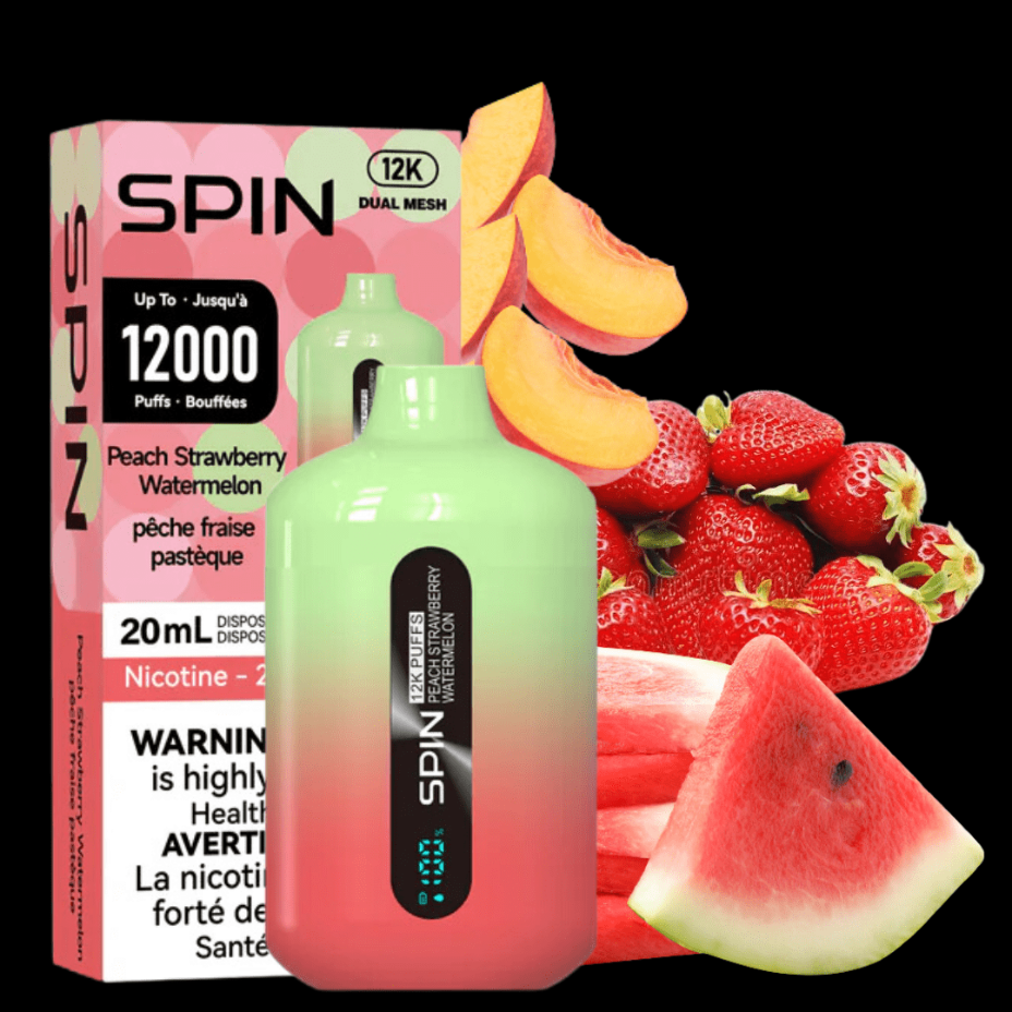 Spin Vape Disposables 20ml / 20mg Spin 12,000 Disposable Vape-Peach Strawberry Watermelon
