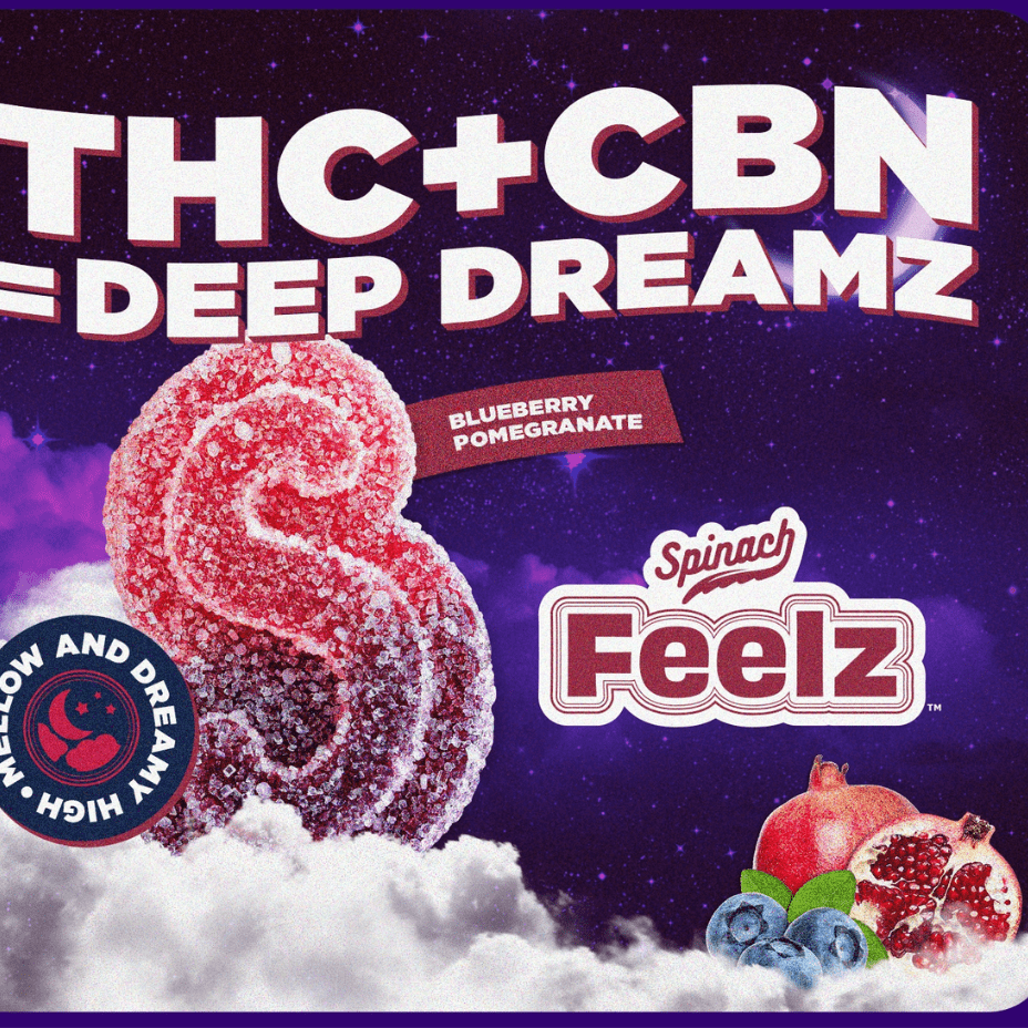 Spinach Feelz Blueberry Pomegranate THC + CBN Gummies 5x2mg Morden Vape SuperStore and Cannabis Manitoba Canada