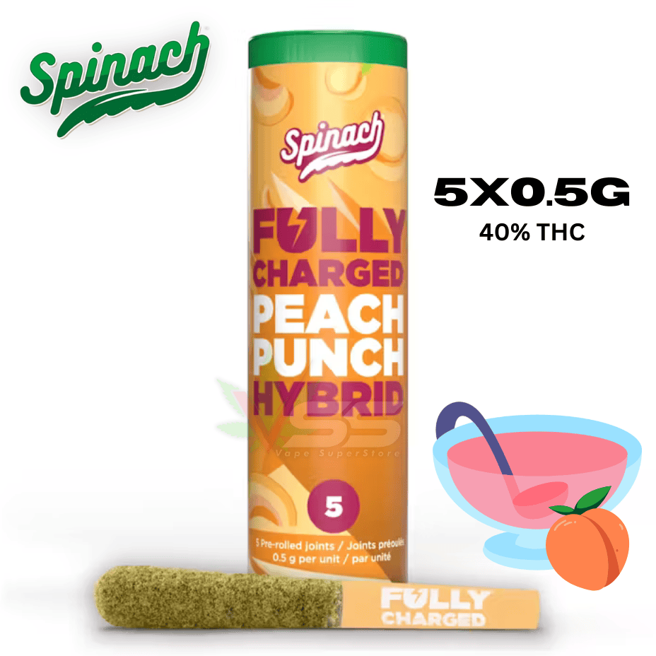 Spinach Fully Charged Peach Punch Infused Pre-rolls 5x0.5g Morden Vape SuperStore and Cannabis Manitoba Canada