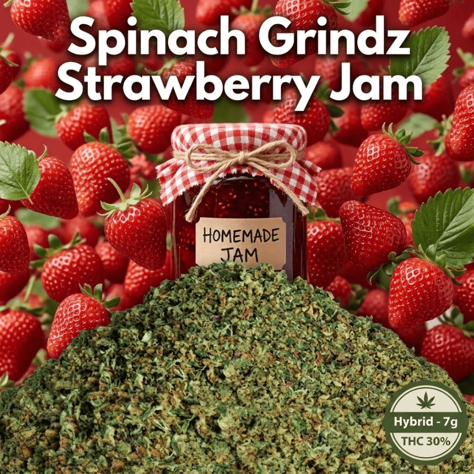 Spinach Grindz Strawberry Jam Milled Hybrid Flower-7g Morden Vape SuperStore and Cannabis Manitoba Canada