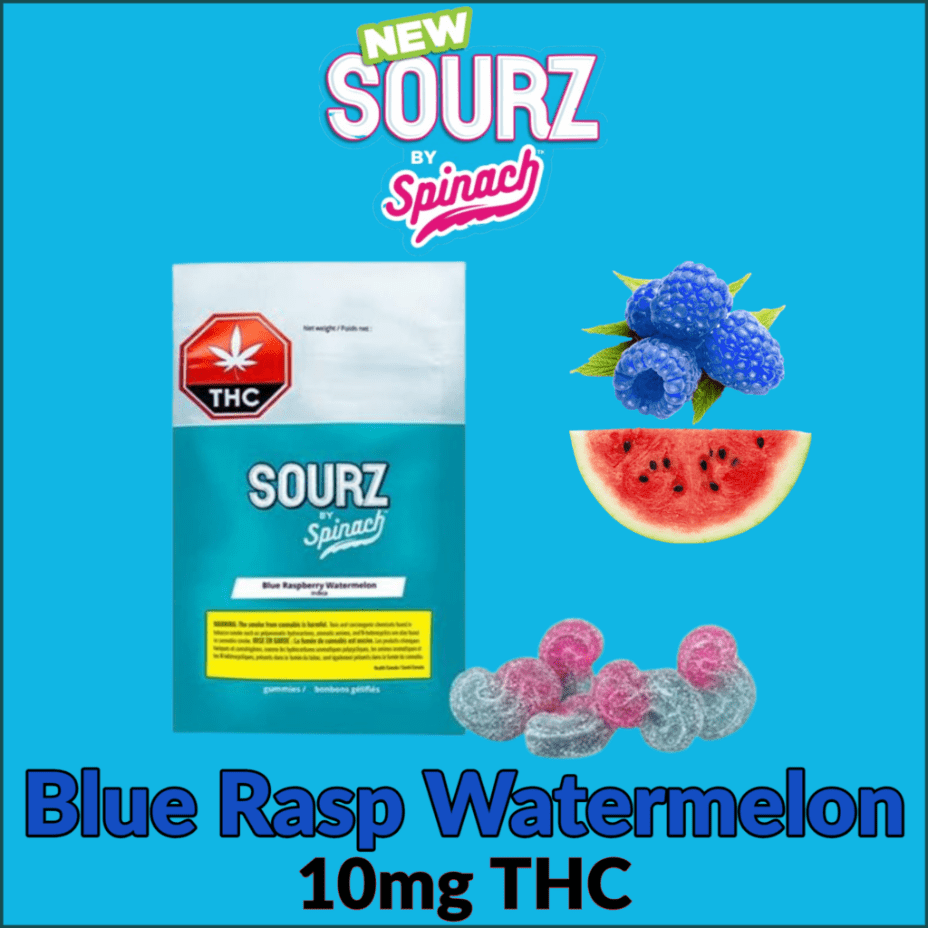 Spinach Sourz Blue Raspberry Watermelon THC Gummies-5x2mg 5x0.5g Morden Vape SuperStore and Cannabis Manitoba Canada