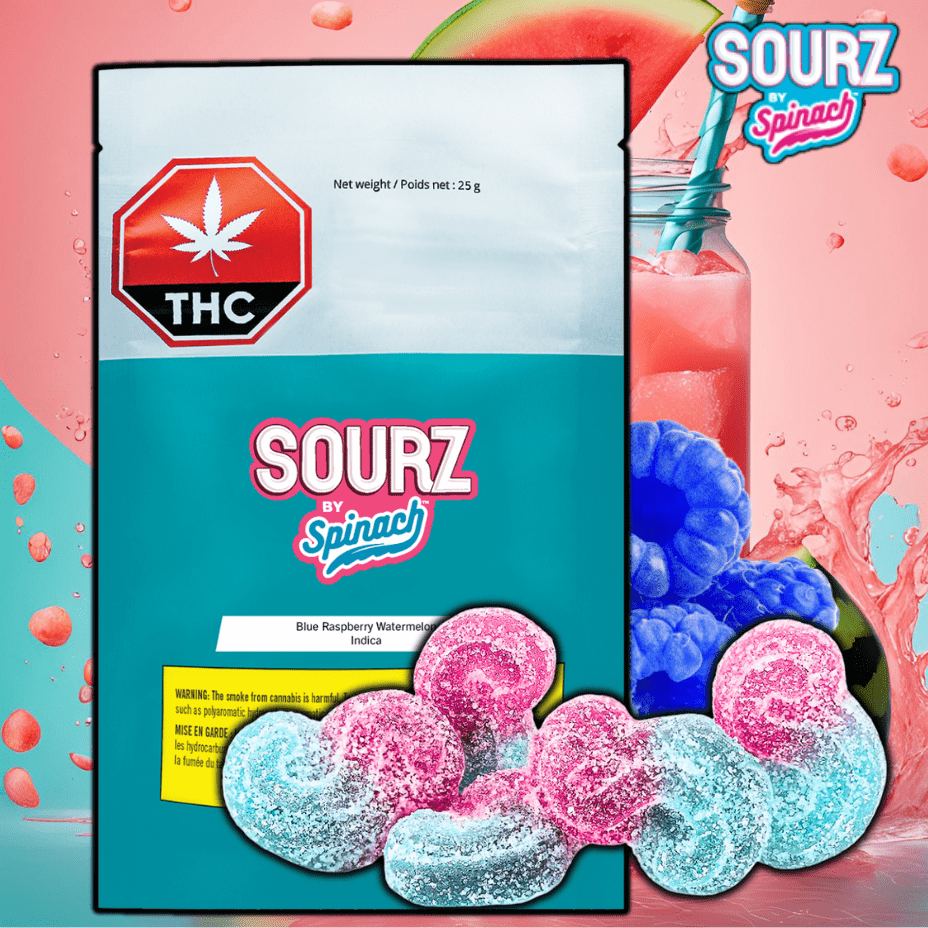 Spinach Sourz Blue Raspberry Watermelon THC Gummies-5x2mg 5x0.5g Morden Vape SuperStore and Cannabis Manitoba Canada