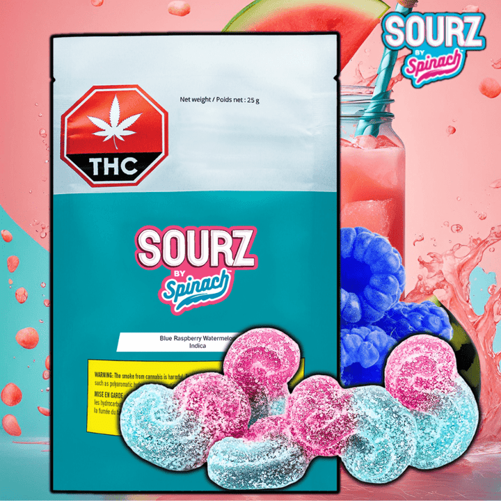 Spinach Sourz Blue Raspberry Watermelon THC Gummies-5x2mg 5x0.5g Morden Vape SuperStore and Cannabis Manitoba Canada