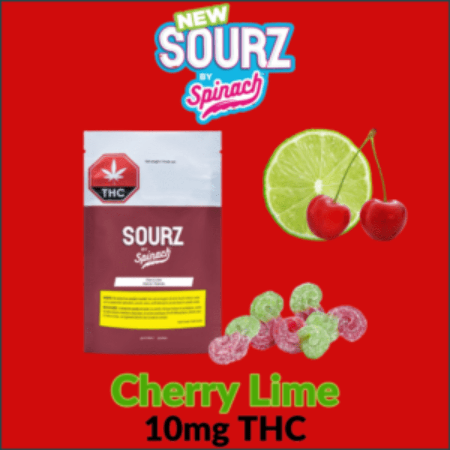 Spinach Sourz Cherry Lime THC Gummies-5x2mg 5 pieces=10mg Morden Vape SuperStore and Cannabis Manitoba Canada