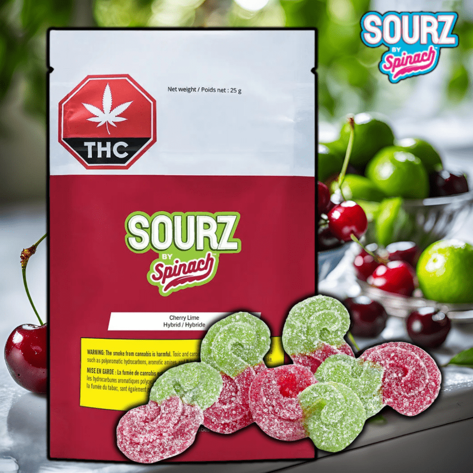 Spinach Sourz Cherry Lime THC Gummies-5x2mg 5 pieces=10mg Morden Vape SuperStore and Cannabis Manitoba Canada