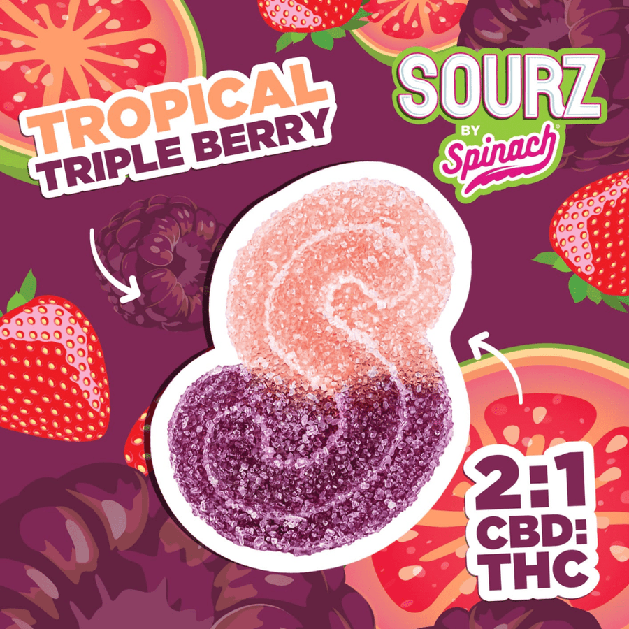 Spinach Sourz Edibles 5/pkg Spinach Tropical Triple Berry 2:1 CBD:THC Gummies-5PK-Morden MB
