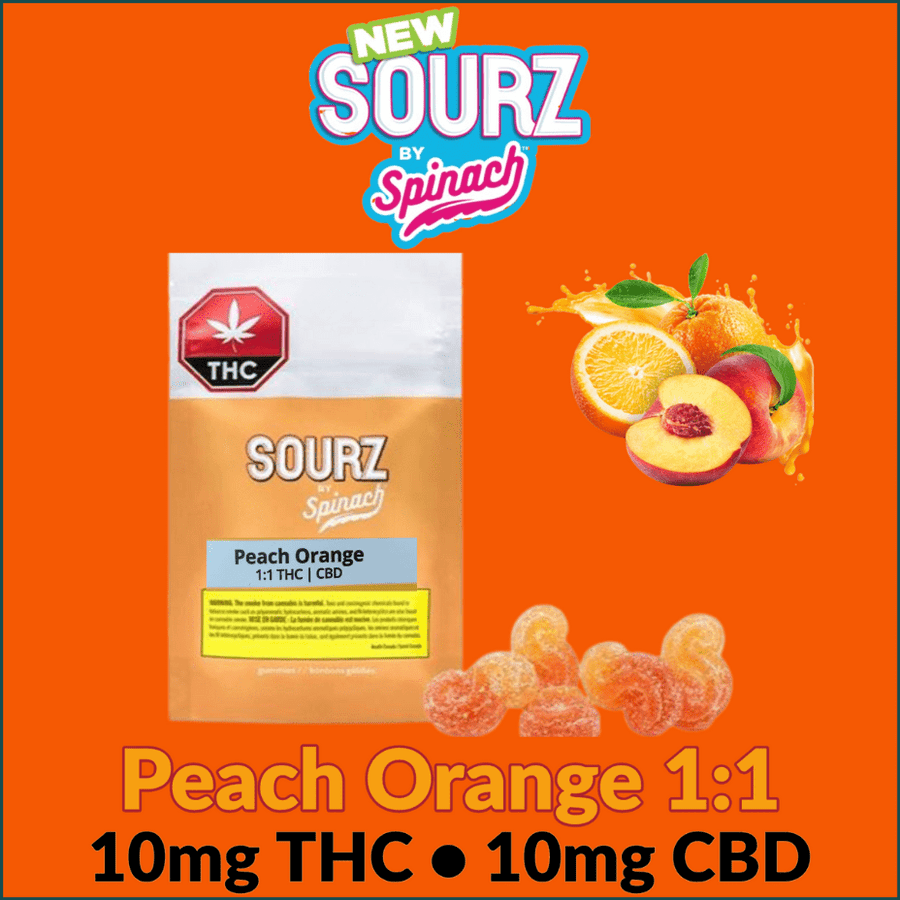 Spinach Sourz Edibles 5x0.5g  SOURZ Peach Orange 1:1 THC-CBD Gummies by Spinach - Manitoba