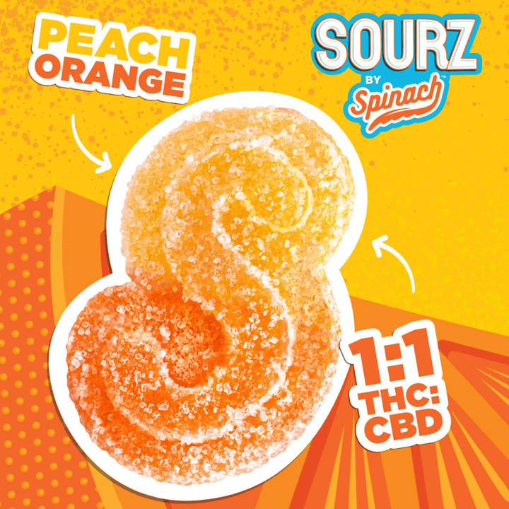 Spinach Sourz - Peach Orange 1:1 THC:CBD Gummies 5x2mg Morden Vape SuperStore and Cannabis Manitoba Canada