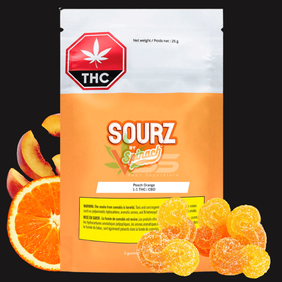 Spinach Sourz - Peach Orange 1:1 THC:CBD Gummies 5x2mg Morden Vape SuperStore and Cannabis Manitoba Canada