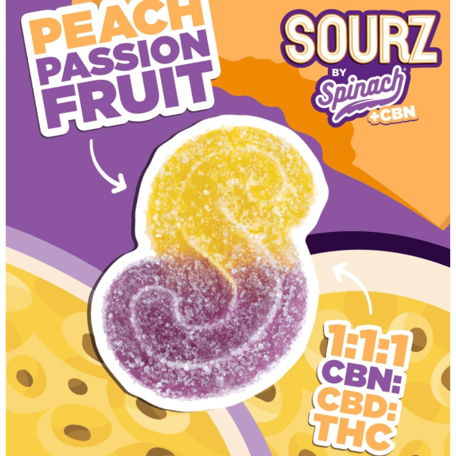 Spinach Sourz - Peach Passionfruit 1:1:1 Gummies 5x2mg Morden Vape SuperStore and Cannabis Manitoba Canada