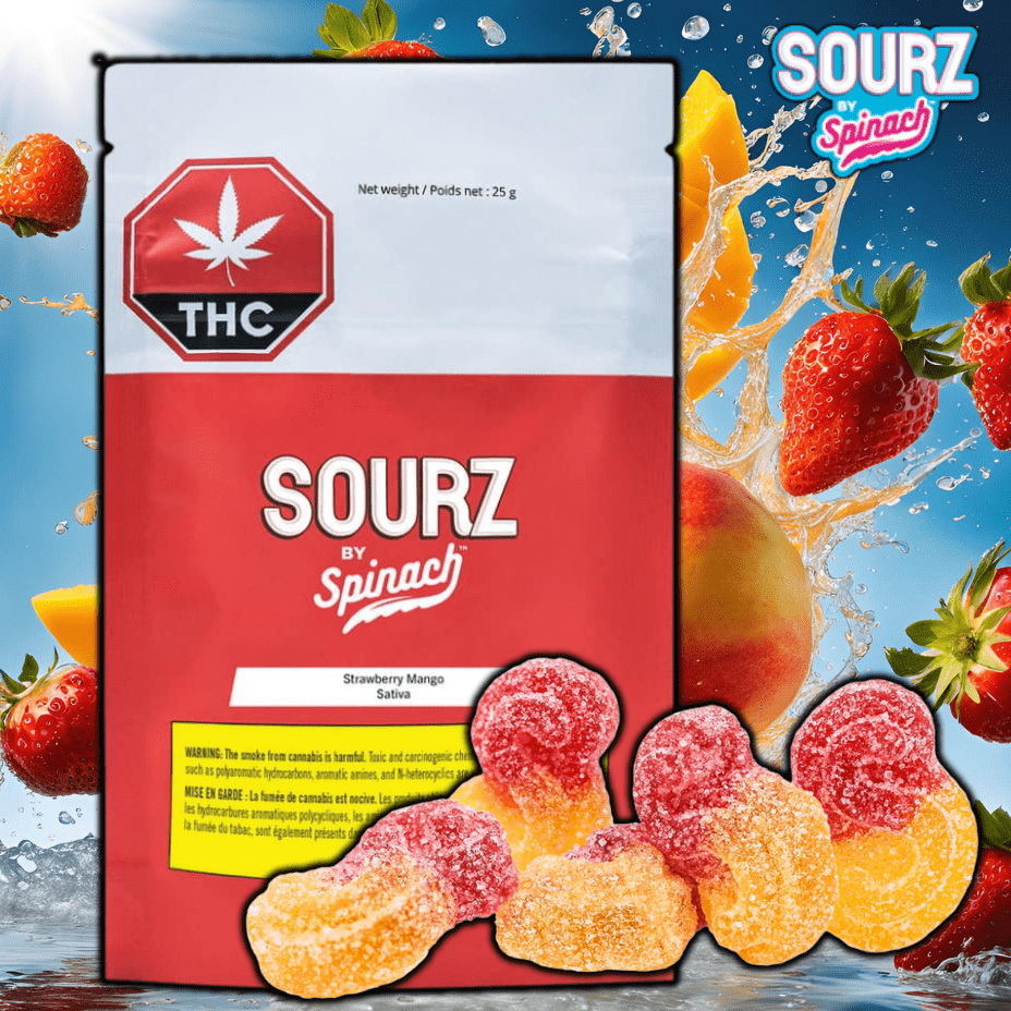 Spinach Sourz Strawberry Mango Sativa Gummies-5x2mg 5x2.0g / Sativa Morden Vape SuperStore and Cannabis Manitoba Canada