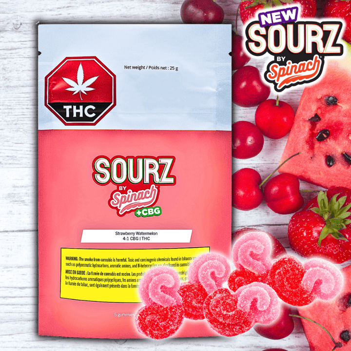 Spinach Sourz Strawberry Watermelon 4:1 THC:CBG Gummies-5x2mg 5x2mg Morden Vape SuperStore and Cannabis Manitoba Canada