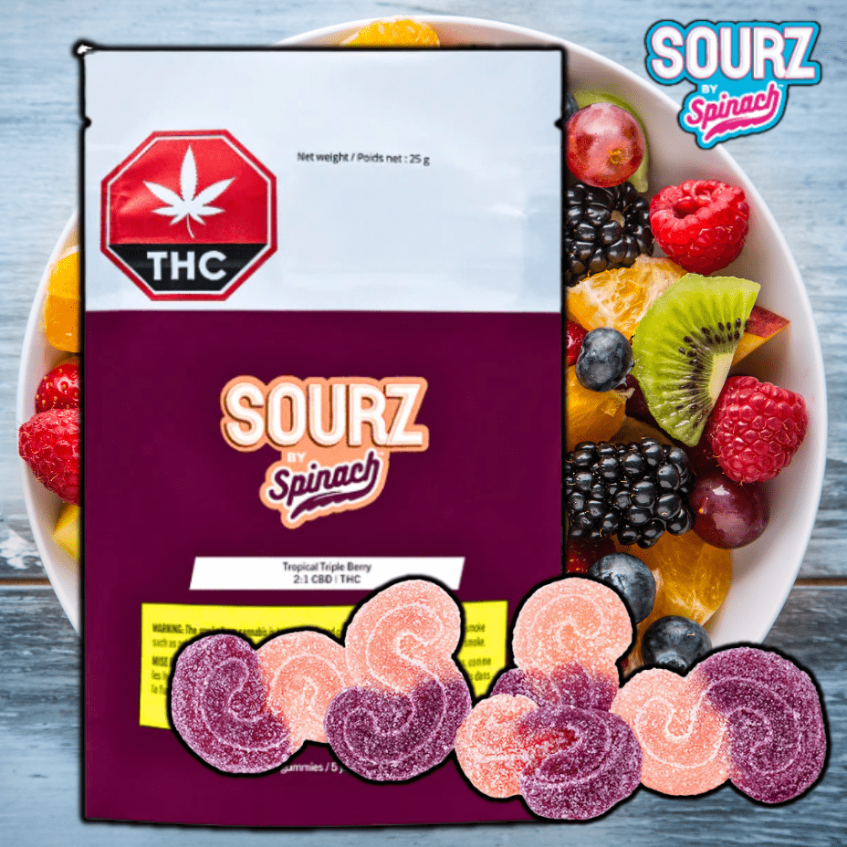 Spinach Tropical Triple Berry 2:1 CBD:THC Gummies-5x2mg 5/pkg Morden Vape SuperStore and Cannabis Manitoba Canada