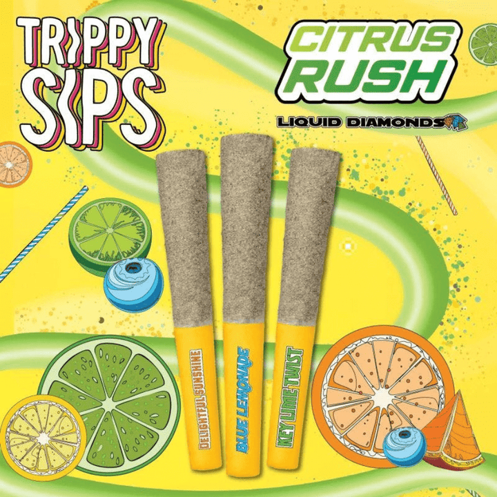 Trippy Sips Citrus Rush Kief Coated Diamond Infused Pre-rolls 3x0.5g Morden Vape SuperStore and Cannabis Manitoba Canada