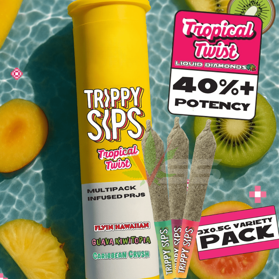Trippy Sips Tropical Twist  Kief Coated Infused Pre-rolls 3x0.5g Morden Vape SuperStore and Cannabis Manitoba Canada